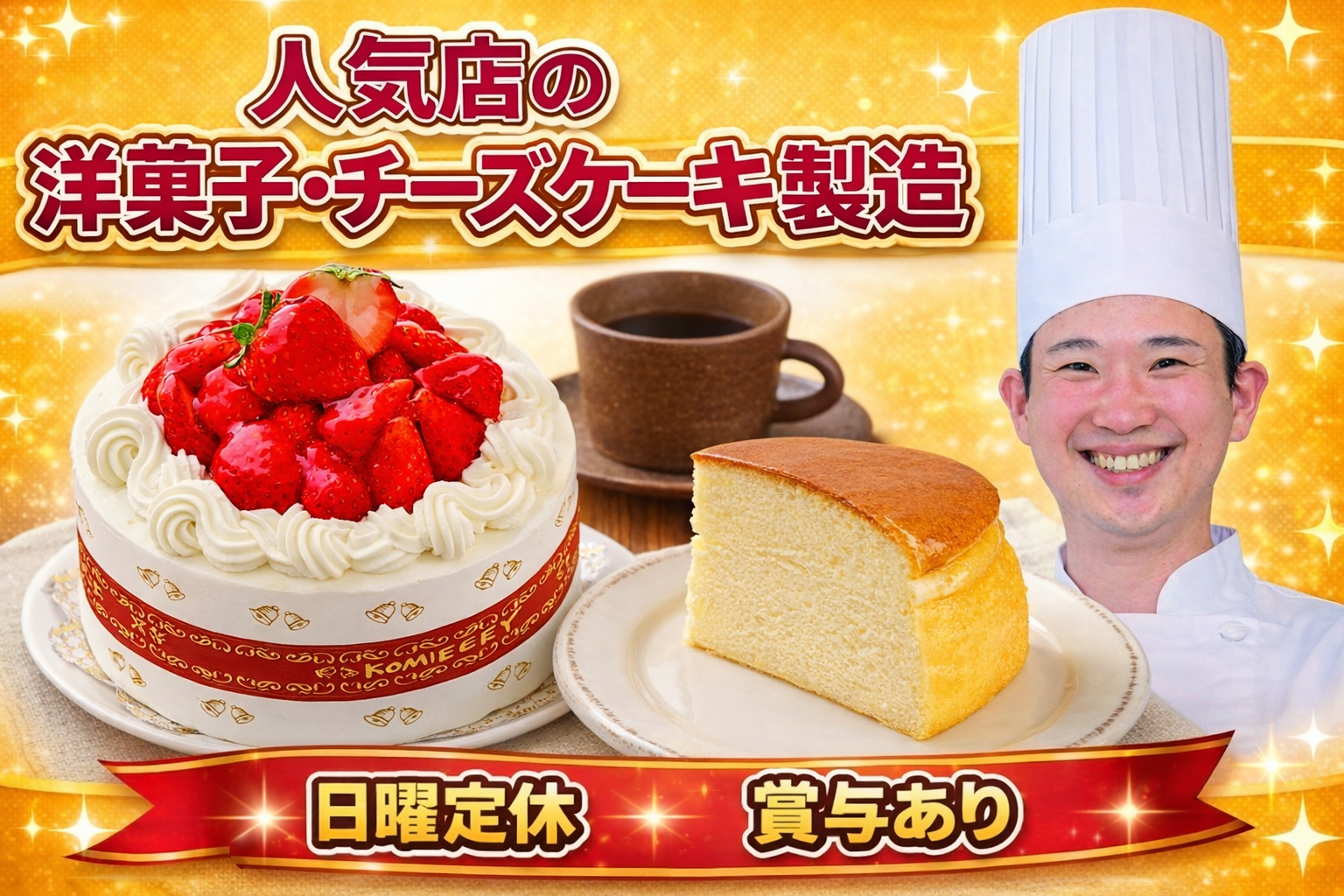 【洋菓子・チーズケーキ製造スタッフ（経験者）】日曜定休｜月給25万円～30万　人気店で働く誇りと、売れる商品をつくる面白さを感じられる