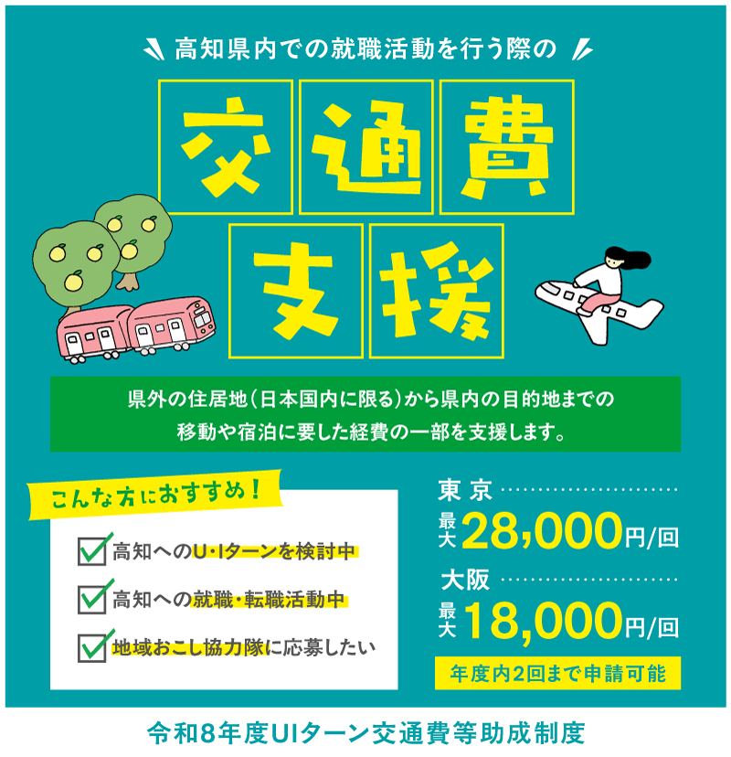 高知県内での就職活動を行う際の交通費支援
